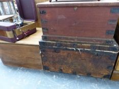 THREE ANTIQUE PINE BOXES. MID SIZE W 76 X D 67 X H 46CMS.