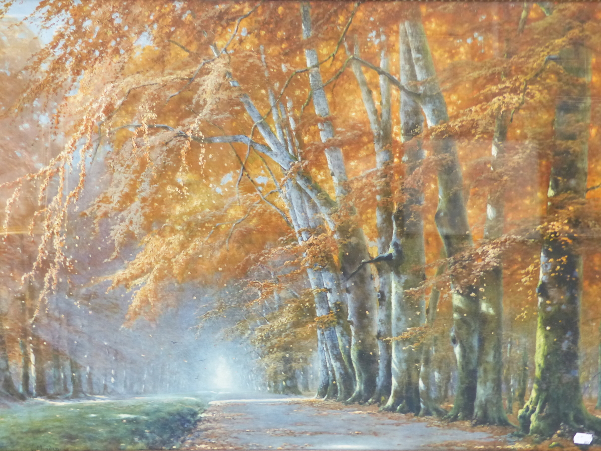 A LARGE GILT FRAMED COLOUR PICTURE OF A WOODLAND VIEW, 65 x 94cms. - Image 2 of 2