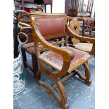 AN ANTIQUE OAK EX FRAME ARMCHAIR AND A CARVED PINE SIDE CHAIR.