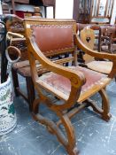 AN ANTIQUE OAK EX FRAME ARMCHAIR AND A CARVED PINE SIDE CHAIR.