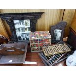 TWO COLONIAL CARVED FRAMES, THREE ABACUS, AN OAK CUTLERY TRAY AND A MULTI DRAWER TRINKET CHEST.