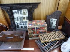 TWO COLONIAL CARVED FRAMES, THREE ABACUS, AN OAK CUTLERY TRAY AND A MULTI DRAWER TRINKET CHEST.