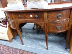 A 19TH C. MAHOGANY AND CROSS BANDED BOW FRONT SIDE BOARD. W 137 X D 59 X H 84CMS.