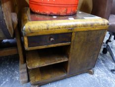 AN ART DECO STYLE LOW CENTRE TABLE WITH ARRANGEMENT OF SHELVES, CABINETS AND A DRAWER. W 60 X D 60 X