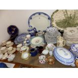 DOULTON KINGSWOOD PLATES, JOHNSON AND OTHER BLUE AND WHITE WARES, TEA, COFFEE AND OTHER WARES