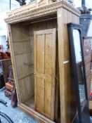 A LARGE ANTIQUE PINE TWO DOOR CABINET. W 123 X D 59 X H 202CMS.