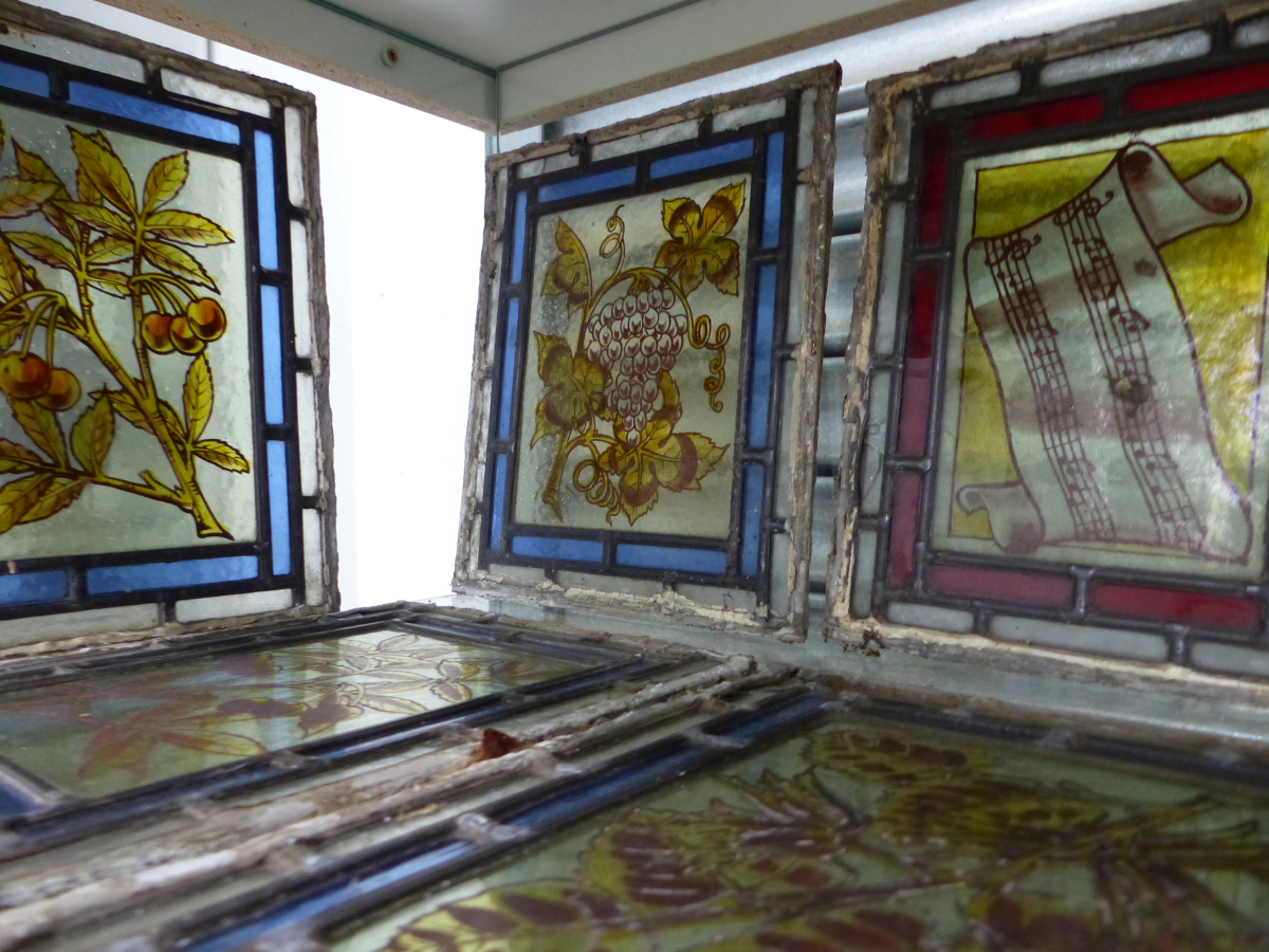 TEN LEADED GLASS PANELS MAINLY DEPICTING FRUIT AND FLOWERS, EACH. 23 x 20cms. - Image 3 of 3