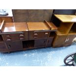 A PAIR OF ART DECO MAHOGANY BEDSIDE TABLES WITH PULL OUT SLIDES, AND A FURTHER PALE WALNUT SIDE
