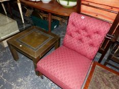 A VICTORIAN BUTTON BACK NURSING CHAIR AND TWO OCCASIONAL TABLES.