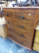 A LARGE VICTORIAN MAHOGANY BOW FRONT CHEST OF DRAWERS. W 107 X D 57 X H 122CMS.