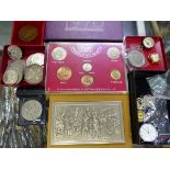 VARIOUS GB CROWNS , A BRONZE MEDALLION, COINS SETS ETC.