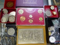 VARIOUS GB CROWNS , A BRONZE MEDALLION, COINS SETS ETC.