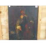 A LATE 19TH CENTURY UNFRAMED PAINTING OF A 17TH CENTURY STYLE GENTLEMAN PLAYING A CELLO, 51 x 41cm