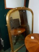 A VICTORIAN SYLE GILT FRAMED OVER MANTLE MIRROR.