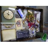 VINTAGE AND LATER COSTUME JEWELLERY TO INCLUDE SILVER ITEMS, DRESSING TABLE HARDSTONE CLOCK, BRASS