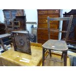 TWO VINTAGE OAK CHILDS CHAIRS TOGETHER WITH AN ANTIQUE CORNER SHELF WITH ARMORIAL SHIELD DECORATION