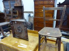 TWO VINTAGE OAK CHILDS CHAIRS TOGETHER WITH AN ANTIQUE CORNER SHELF WITH ARMORIAL SHIELD DECORATION
