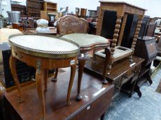 A SMALL FRENCH MARBLE TOPPED BRASS GALLERY OCCASIONAL TABLE, A MAHOGANY DRESSING STOOL AND AN OAK