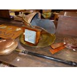 CARVED OAK BELLOWS, A COPPER COAL SCUTTLE, BRASS TRAY, WARMING PAN AND AN ART DECO BAROMETER.