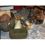 A WASHING BOARD, COPPER KETTLE, OTHER METAL WARES, A COFFEE GRINDER AND STONE WARE HOT WATER