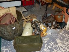 A WASHING BOARD, COPPER KETTLE, OTHER METAL WARES, A COFFEE GRINDER AND STONE WARE HOT WATER