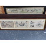 TWO GROUPS OF ANTIQUE OAK FRAMED HAND COLOURED PRINTS, ONE THE COAST IN DANGER, PUBLISHED BY