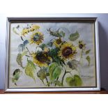 BARBARA CROWE ( ) ARR. SUNFLOWERS, SIGNED OIL ON CANVAS EXHIBITION LABEL VERSO 71 x 92 cm
