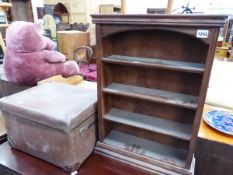 A SMALL OAK MINIATURE BOOK CASE AND A HAT BOX.