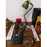 AN ANGLEPOISE LAMP, CAR SPEEDOMETER, MINIATURE PENNY FARTHING, DRESS JEWELLERY, ETC