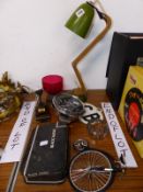 AN ANGLEPOISE LAMP, CAR SPEEDOMETER, MINIATURE PENNY FARTHING, DRESS JEWELLERY, ETC