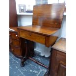 A VICTORIAN ROSE WOOD FOLD OVER TOP WORK TABLE OR GAMES TABLE. W 56 X D 36 X H 77CMS.