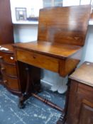 A VICTORIAN ROSE WOOD FOLD OVER TOP WORK TABLE OR GAMES TABLE. W 56 X D 36 X H 77CMS.