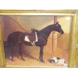 A DECORATIVE GILT FRAMED PICTURE OF A HORSE AND DOG IN A STABLE, TOGETHER WITH TWO IMAGES OF