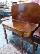 A REGENCY MAHOGANY FOLD OVER TEA TABLE WITH FRIEZE DRAWER. W 98 X D 48 X H 75CMS (CLOSED).