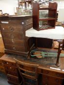 A LATE VICTORIAN SMALL ROCKING CHAIR, AND OAK WASHSTAND (W 58 X D 47 X H 76CMS), A DRESSING STOOL,