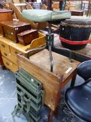 A MILITARY BACK PACK FRAME AND TWO CHILDS DESKS.