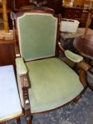 AN ANTIQUE FRENCH SHOW FRAME ARMCHAIR.