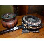 A VINTAGE MILITARY POLICE TRUNCHEON A QUILED AFRICAN BOWL ON STAND AND A TOBACCO JAR.