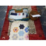 TWO PATCHWORK QUILTS AND A SHOPPING BASKET