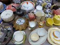 SUSIE COOPER AND RELATED TEA WARES, A SUNBURST CLOCK, ANOTHER CLOCK TOGETHER WITH ELECTROPLATE