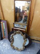 AN ANTIQUE GILT FRAMED WALL MIRROR, AND FIVE OTHERS.