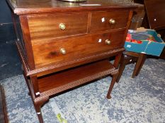 A PAIR OF SMALL COFFEE TABLES TOGETHER WITH A MAHOGANY SIDE CABINET WITH BRASS GALLERY TOP.