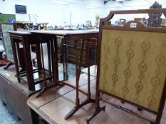 AN EDWARDIAN INLAID FIRESCREEN, A FOLD OVER FIRE SCREEN TABLE, A NEST OF OCCASIONAL TABLES AND ONE