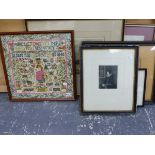 GROUP OF ANTIQUE TOPOGRAPHICAL PRINTS, TOGETHER WITH A NEEDLEWORK PANEL ETC, SIZES VARY