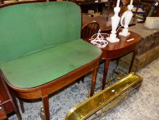 A REGENCY MAHOGANY AND INLAID FOLD OVER CARD TABLE, TOGETHER WITH A FRUITWOOD DEMI-LUNE SIDE