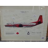 TWO COMMEMORATIVE COLOUR PRINTS OF RAF PLANES WITH INSCRIPTIONS AND SIGNATURES OF CREW TOGETHER WITH