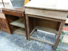 A ANTIQUE STYLE CLERKS DESK TOGETHER WITH A SMALL SINGLE DRAWER ROSTRUM.