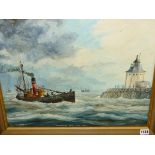 ROGER BEDINGFIELD (20TH CENTURY) ARR. TWO NAIVE VIEWS OF FISHING BOATS, SIGNED, OIL ON BOARD,
