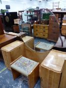 AN ART DECO SATIN BIRCH DRESSING TABLE AND STOOL. W 138 X D 54 X H 148CMS.