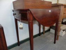 A REGENCY MAHOGANY AND INLAID BOW ENDED DROP LEAF PEMBROKE TABLE.